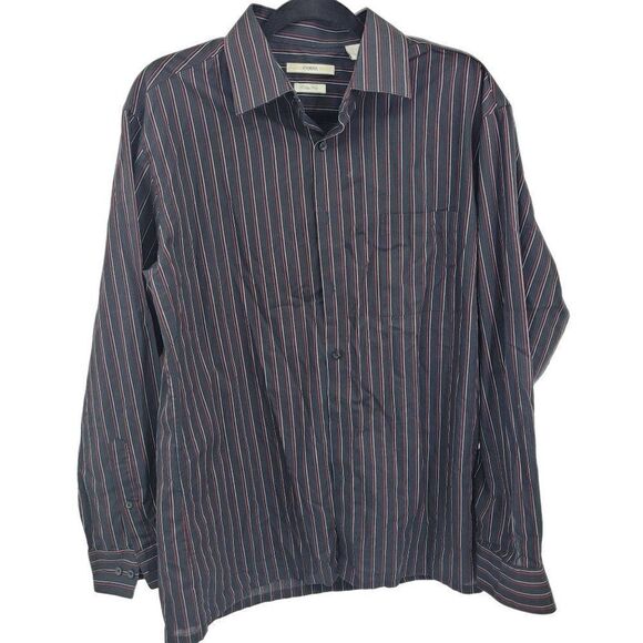Mens Vintage Dress Shirt L Black Red White Vertical Stripes Slim Fit Button - Picture 1 of 11